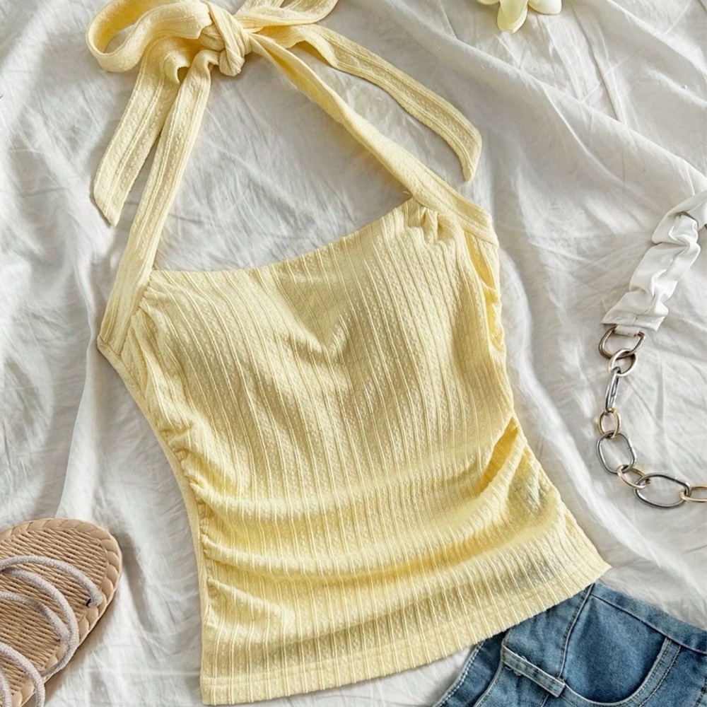 Yellow Halter Neck Ribbed Top - Picture 2 of 6